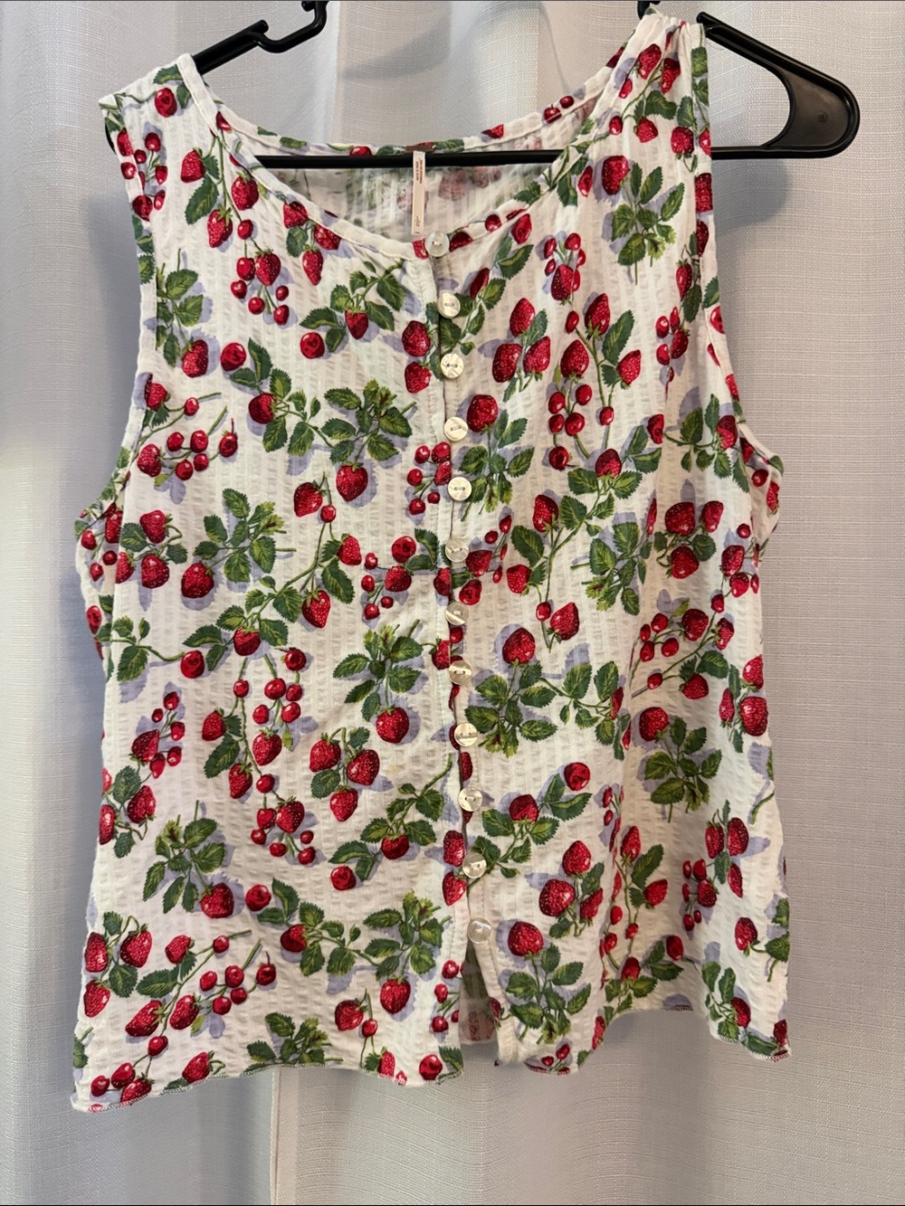 Free People White Strawberry Print Button-Front Tank Top